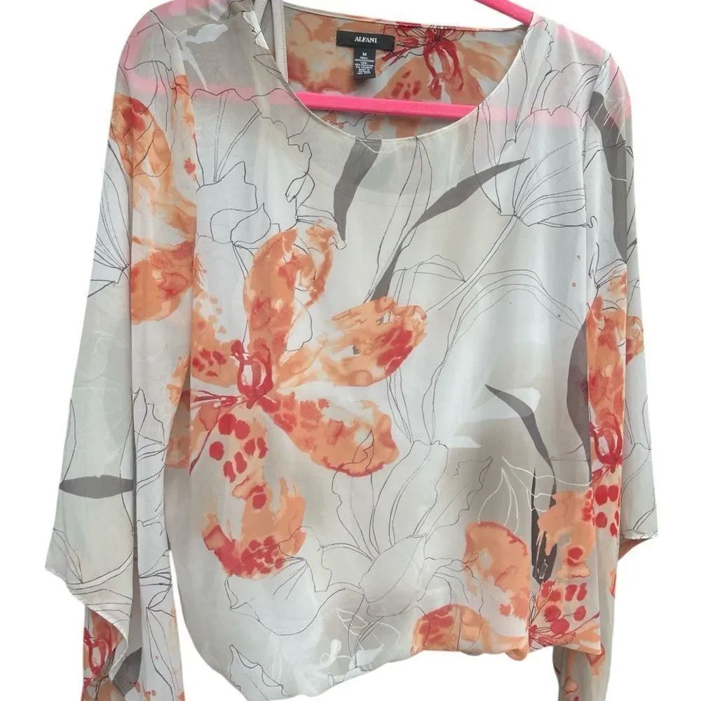 Alfani Orange and cream 2 la Asymmetrical 3/4 elastic band waist Sleeve Blouse M